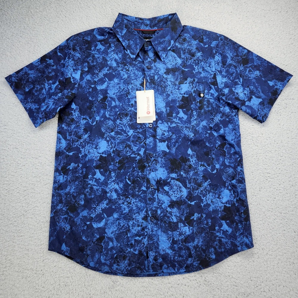 Marmot Shirt Mens Large Blue Camouflage Bennett Peak Short Sleeve Button Up